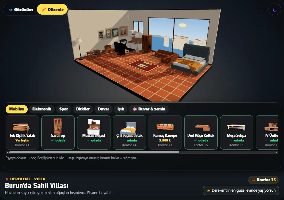 3D ev tasarımı: villada mobilya yerleştirme